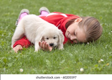 Little Girl With A Golden Retriever Puppy