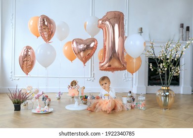 Little Girl With Gourmet Cake And Balloons. Smash Cake Concept. Funny Toddler Eating Cake. Caucasian Kids Birthday Party. Caucasian Childs Celebrat First Birthday With Sweets Indoors. Holiday Decor