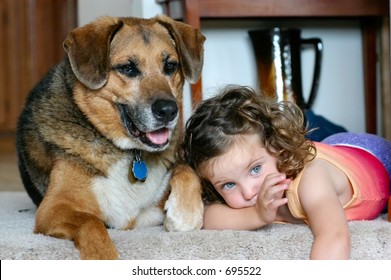 Little Girl And Her Dog At The Top Of The Stairs