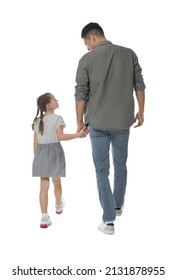 Little girl with her father on white background, back view