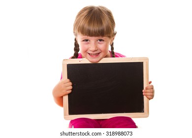 Little Girl Holding Black Board On White Background