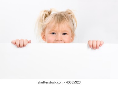 Little girl holding blank sign, on a white background