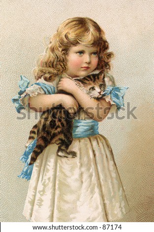 Little girl holding a cat - a vintage (c.1890) illustration.
