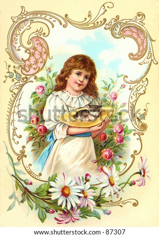 Little girl holding a shy kitten in her bonnet - a vintage (c.1890) illustration.