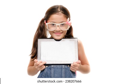 Little Girl Holding Tablet On White Background