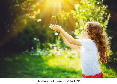 Little Girl Holding Young Green Plant In Sunlight. Ecology Concept. Background Toning To Instagram Filter.