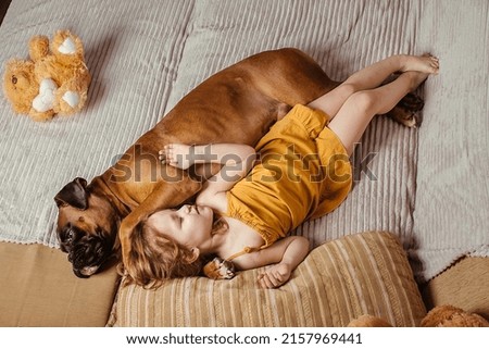 little girl at home on the couch goes to bed with her big dog, trust and friendship of children and dogs