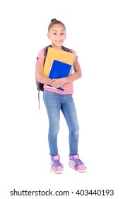 Little Girl Isolated In White Holding School Books