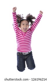 Little Girl Jumping With Joy Isolated On White Background