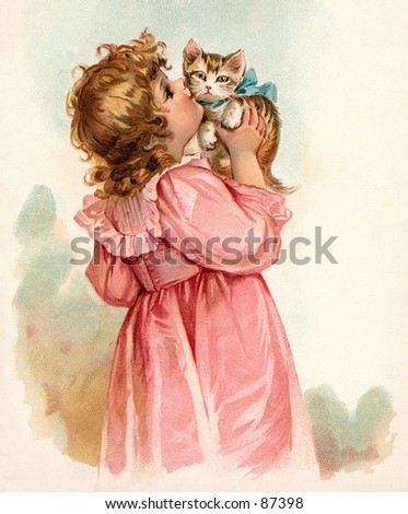 Little girl kissing her kitten - a vintage (c.1890) illustration.