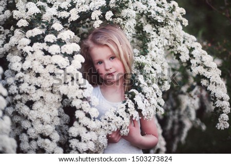 Little girl in a large bush of white flowers