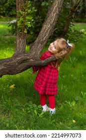 A Little Girl Laughs In A Red Checkered Dress Near A Tree On A Green Lawn