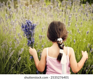 A little  girl in a lavender field holds a bouquet of fresh lavender, her braided hair tied with a white ribbon, - Powered by Shutterstock