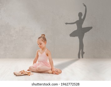 Little girl looking at pointe shoes, dreaming to become famous ballerina, shadow of ballet dancer on grey studio wall, collage. Adorable child imagining her dance success, making dream come true