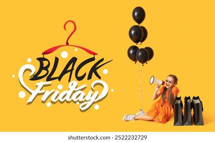 Little girl with megaphone, shopping bags and balloons on yellow background. Black Friday sale - Powered by Shutterstock