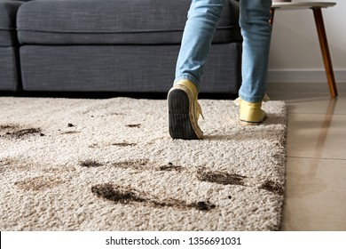 Little Girl In Muddy Shoes Messing Up Carpet At Home