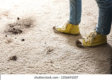 Little Girl In Muddy Shoes Messing Up Carpet At Home