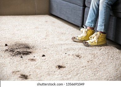 Little Girl In Muddy Shoes Messing Up Carpet At Home