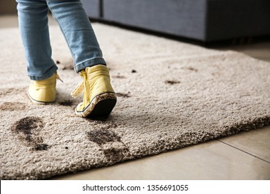 Little Girl In Muddy Shoes Messing Up Carpet At Home