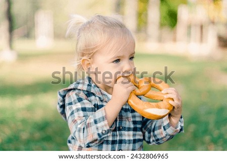 Little girl nibbles a big bagel holding it with both hands on a green lawn