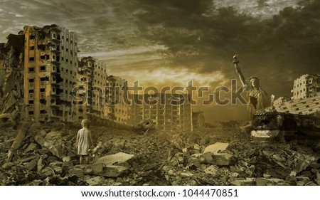 little girl on the background of the ruined city.