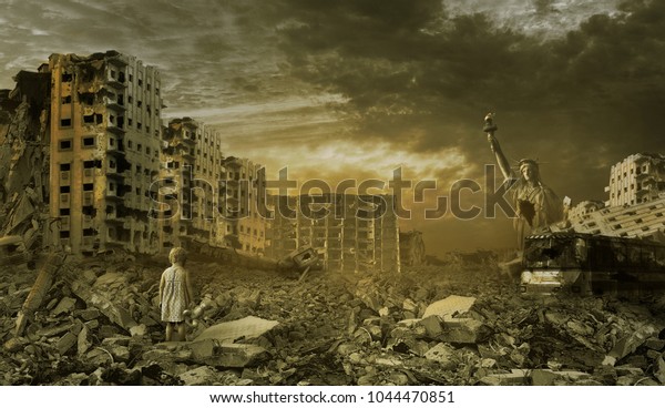 little girl on the background of the ruined city.