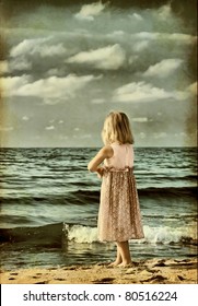 Little Girl On The Beach. Stylized Old Photo