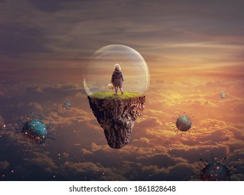 Little girl on a floating island covered with glass bubble; Disease-virus protection concept; Elements of this image furnished by NASA