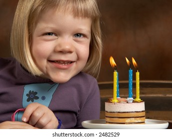 Little Girl On Her Fourth Birthday, Asking For Permission To Blow Her Candles