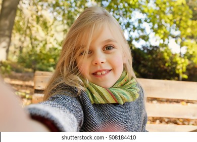 Little Girl In Park In Autumn, Selfie Photo