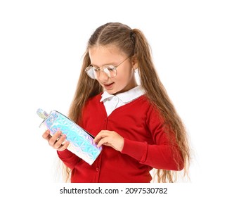 Little Girl With Pencil Case On White Background