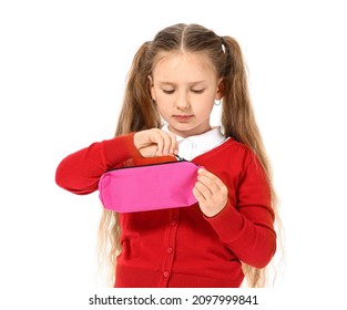 Little Girl With Pencil Case On White Background