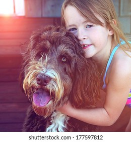 Little Girl With Pet Dog Closeup - Instagram Effect