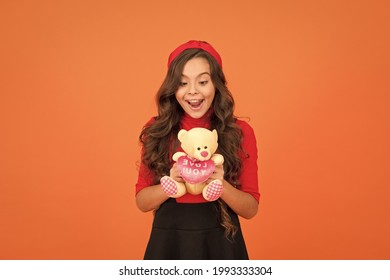 Little Girl Play With Soft Toy Teddy Bear. Child Care. Childhood Memories. Emotional Intellect. Lovely Child. Lovely Small Girl Smiling Happy Face Hold Toy. Happy Childhood. Imaginary Friend