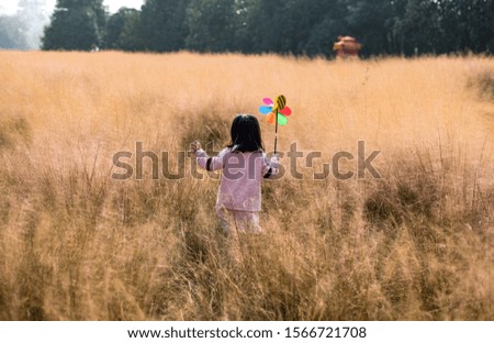 Little girl playing in the grass waving a windmill in his hand