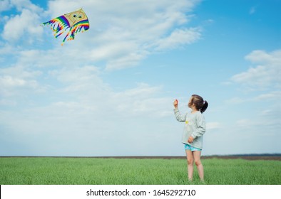 Little girl playing with a kite on a green field