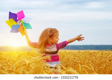 Little Girl Playing On The Meadow On Sun With Windmill In Her Hands.  Child Holding Wind Toy  On Wheat Field.