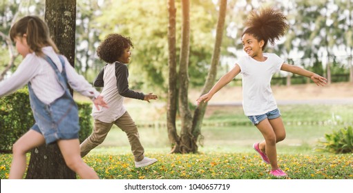 Little Girl Playing Outdoor - Child Kids And Friend Happy.