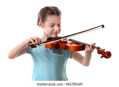 Little Girl Playing Violin, Isolated On White