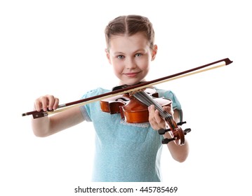 Little Girl Playing Violin, Isolated On White