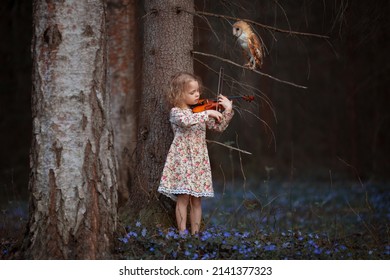 A little girl plays the violin owl in the forest on a bright mea

