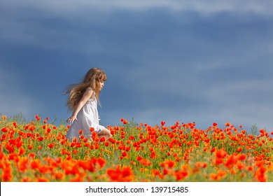 little girl in a poppy field