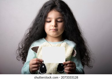 Little Girl Portrait Holding A Flash Card In Hand, Preschool Educational Material Learning Objects. Flash Card Selection Path Included.