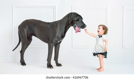 Little Girl Posing Against A Big Dog