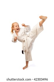  Little Girl Practice Karate Isolated On White