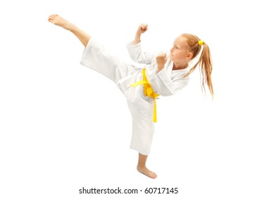  Little Girl Practice Karate Isolated On White