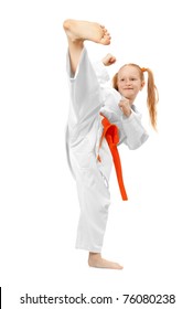  Little Girl Practice Karate Isolated On White