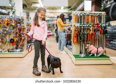 Little girl with puppy in pet shop, friendship