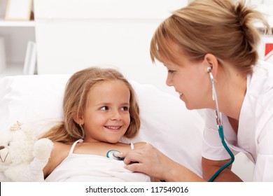 Little Girl Recovering - Checked By Friendly Health Professional With Stethoscope