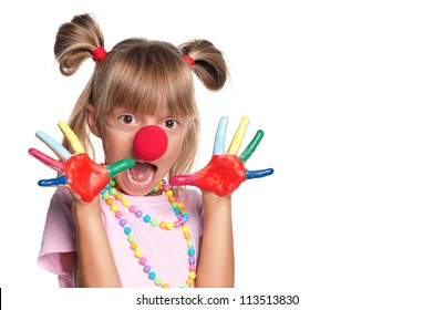 Little Girl With Red Clown Nose Isolated On White Background